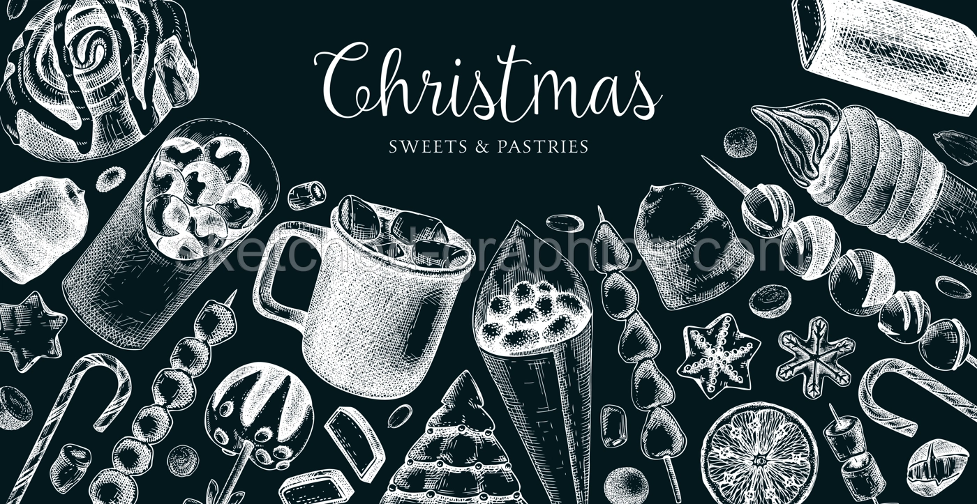 Christmas food background. Christmas market design template. Hand-drawn vector illustration. Hot drinks, candies, cookies, pastries sketches. Winter holiday menu. Sweet food banner on chalkboard Illustration